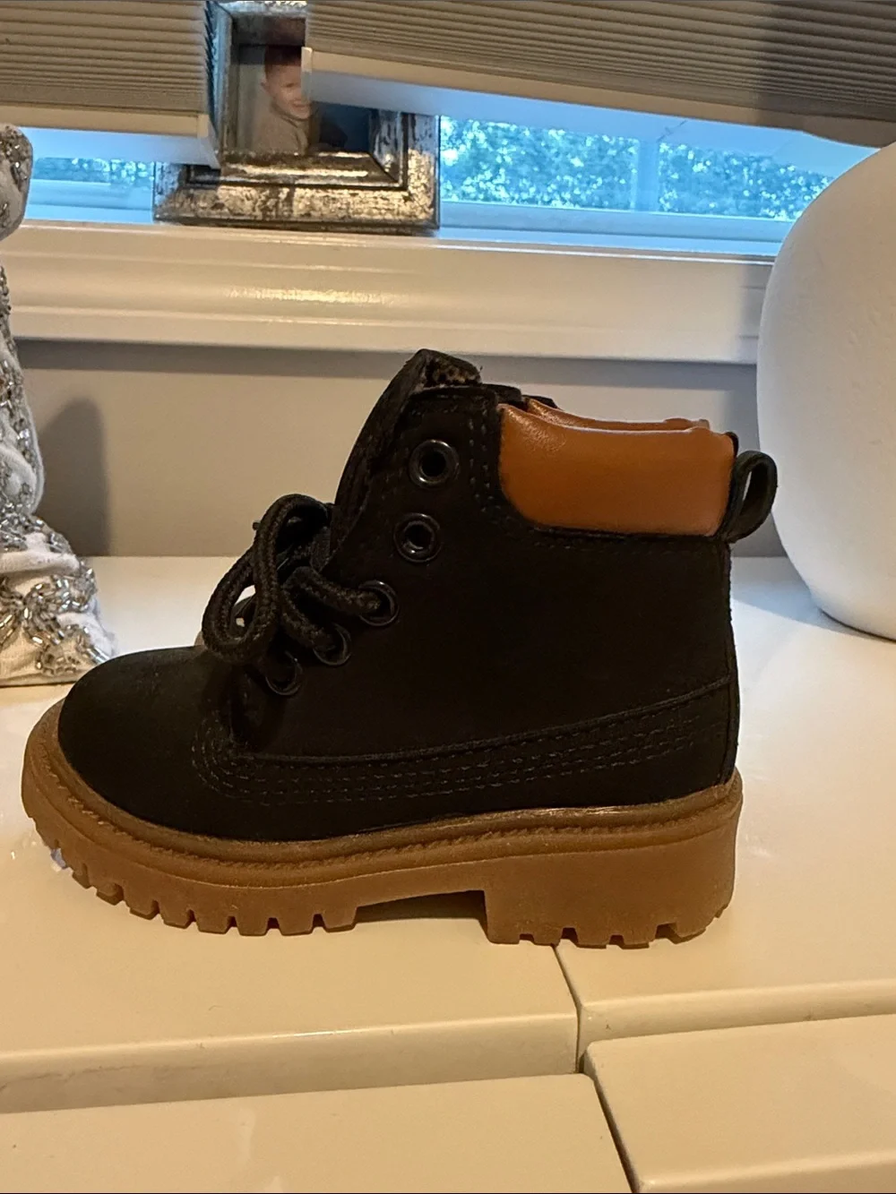 Kids Black Nubuck Lace-Up Boots with Brown Sole